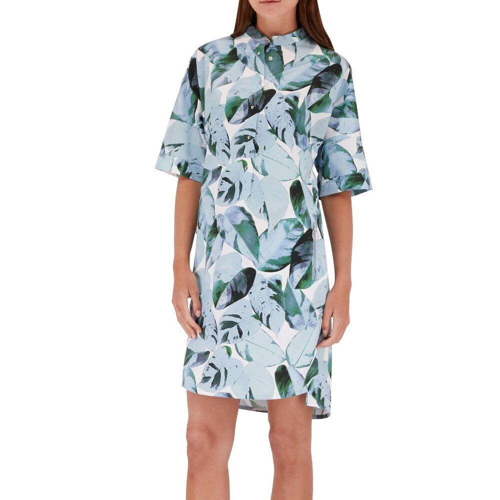 Akris Punto "Bleached Denim" Tropical Leaves-Print Cotton Poplin Shift Dress